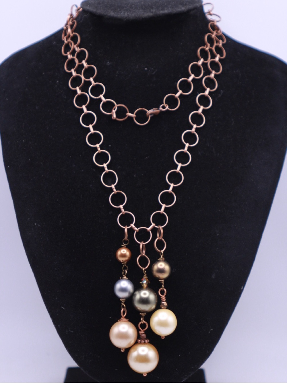 Single strand 27” Copper Chain Necklace with Multi-Color Shell Pearl Drops